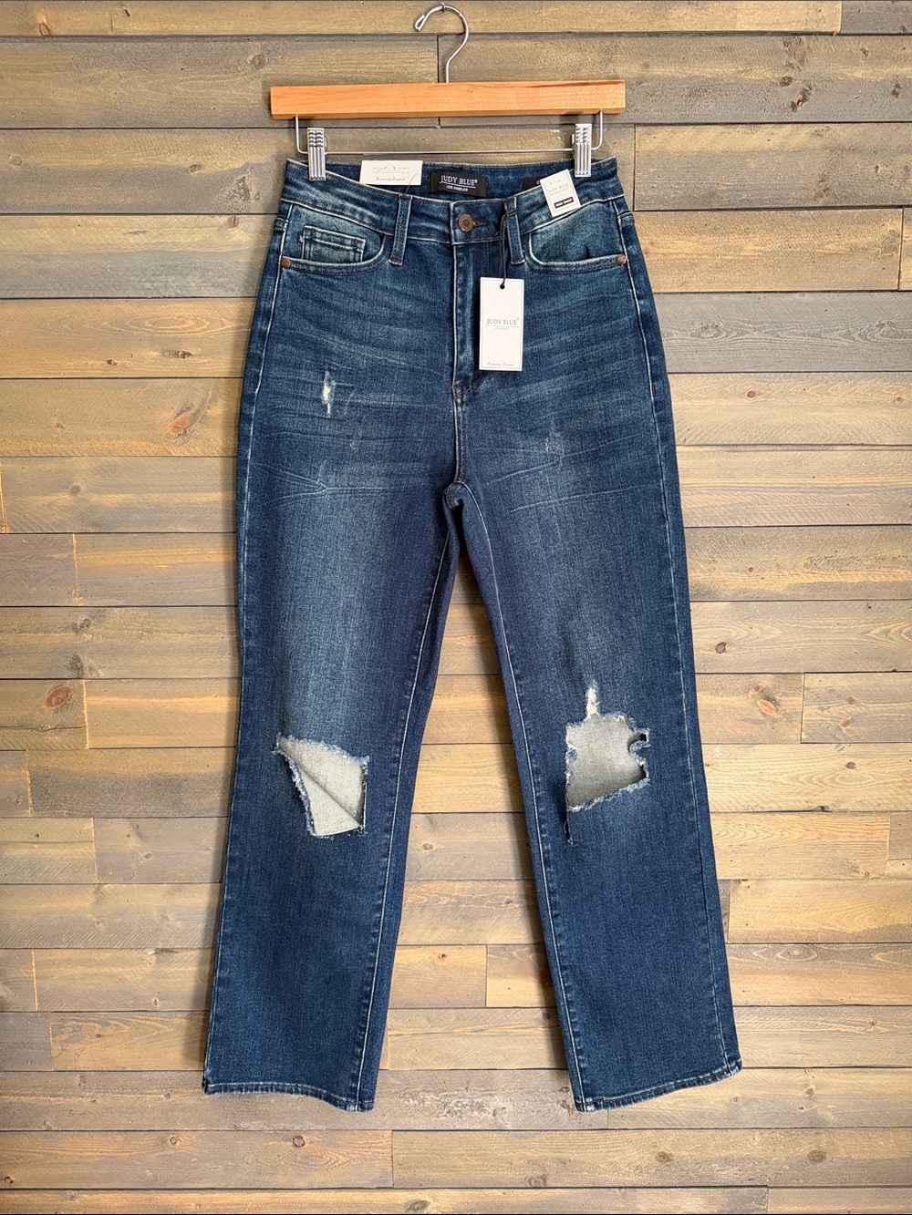 New Judy Blue High Waist Ripped Knee Dad Jeans Distressed Straight Leg 5/27